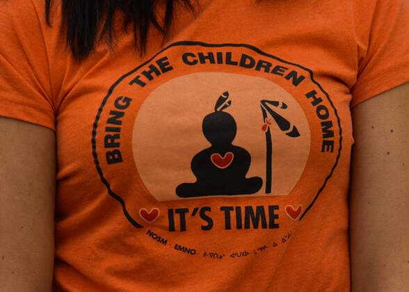 Calgary Commemorates Canada s First National Day For Truth And Reconciliation A participant wears an orange t-shirt with words Bring The Children Home, It s Time during an outdoor official ceremony at Fort Calgary, as the City of Calgary commemorates Orange Shirt Day, and observes the first National Day for Truth and Reconciliation (a federal statutory holiday). On Thursday, 30 September 2021, in Fort Calgary, Calgary, Alberta, Canada. Calgary Canada widak-calgaryc210930_np8y5  Copyright: xArturxWidakx