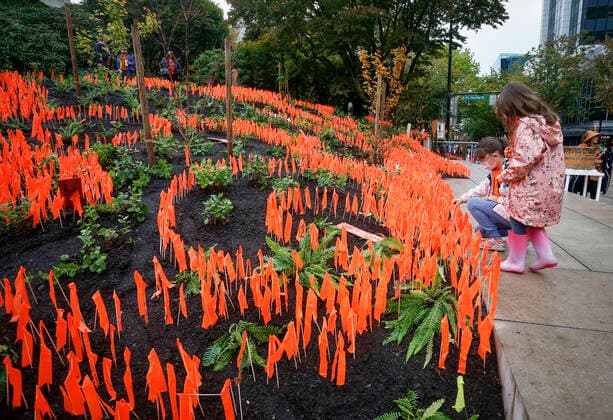 (210930) -- VANCOUVER, Sept. 30, 2021 -- Orange ribbons are seen at a commemoration event during the first National Day for Truth and Reconciliation in Vancouver, British Columbia, Canada, on Sept. 30, 2021. Canada marked its first National Day for Truth and Reconciliation on Thursday to honor lost children and survivors of the notorious indigenous residential school system in the country. (Photo by Xinhua) CANADA-VANCOUVER-NATIONAL DAY FOR TRUTH AND RECONCILIATION LiangxSen 