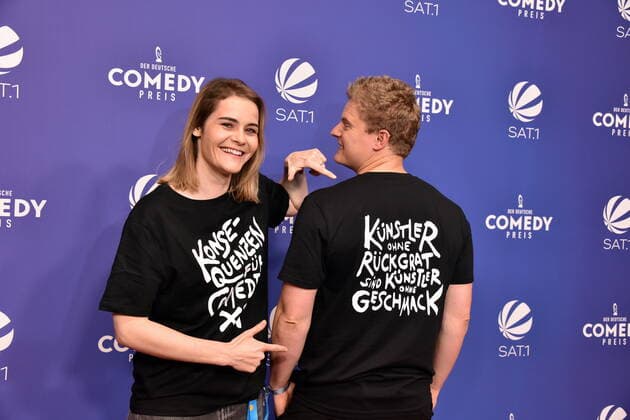 Comedian Hazel Brugger and her husband Thomas Spitzer arrive at the 2021 German Comedy Awards ceremony