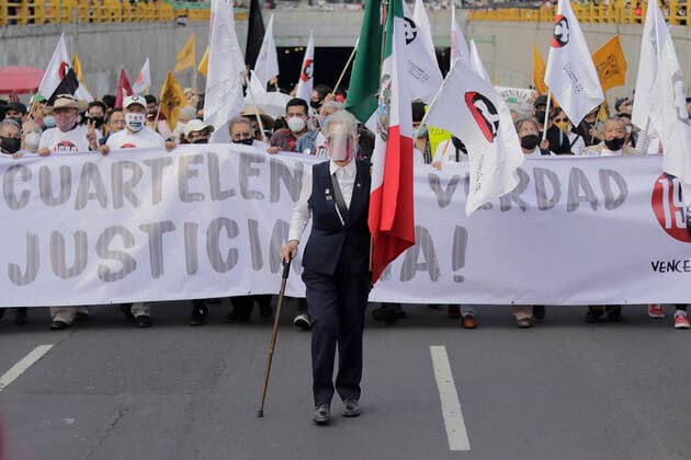 53rd Anniversary Of The Massacre Of Tlatelolco, Mexico Myrthokleia Gonzalez Gallardo, survivor of the Tlatelolco Massacre of 2 October 1968, holds a Mexican flag while leading a march of the ComitÃ 68 and members of other organisations who walked from the Plaza de las Tres Culturas in Tlatelolco to the Zocalo in Mexico City. Mexico City Mexico vieyra-notitle211002_npCo0  Copyright: xGerardoxVieyrax