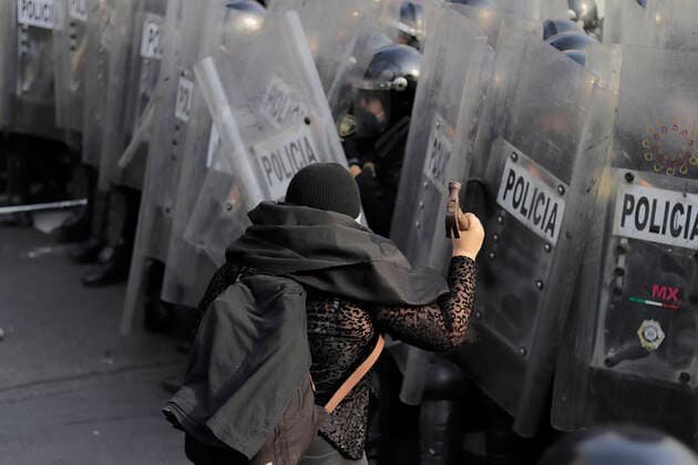 53rd Anniversary Of The Massacre Of Tlatelolco, Mexico Members of the Black Bloc clash with police on Eje Central in Mexico City as they march towards the Zocalo ofe the capital to mark the 53rd anniversary of the Tlatelolco Massacre that took place on 2 October 1968 in the square. Mexico City Mexico vieyra-notitle211002_npJH1  Copyright: xGerardoxVieyrax