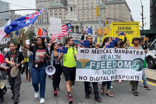 NEW YORK, NY - OCTOBER 4: View of the Teachers March Against Vaccine Mandate at the office of the NYC Department of Education in New York City on October 4, 2021. Copyright: xRainmakerxPhotox
