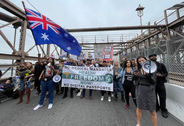 NEW YORK, NY - OCTOBER 4: view of the Teachers March Against Vaccine Mandate at the Brooklyn Bridge in New York City on October 4, 2021. Copyright: xRainmakerxPhotox