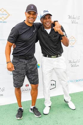 Dondre Whitfield and Sugar Ray Leonard at the 14 George Lopez Celebrity Golf Classic tournament at Lakeside Country Club Toluca Lake, 04 10 2021. Foto:xE.xPowersx xFuturexImage