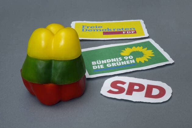 Party logos and paprikas in traffic light colours Party logos and paprikas in traffic light colours, 05 10 2021, Borkwalde, Brandenburg, On a grey background are party logos and paprikas in the colours of a traffic light coalition