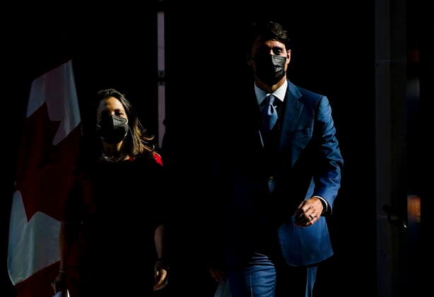 October 6, 2021, Ottawa, on, Canada: Prime Minister Justin Trudeau and Minister of Finance and Deputy Prime Minister Chrystia Freeland arrive to a press conference in Ottawa on Wednesday, Oct. 6, 2021. Ottawa Canada  - ZUMAc35_ 20211006_zaf_c35_015 Copyright: xSeanxKilpatrickx