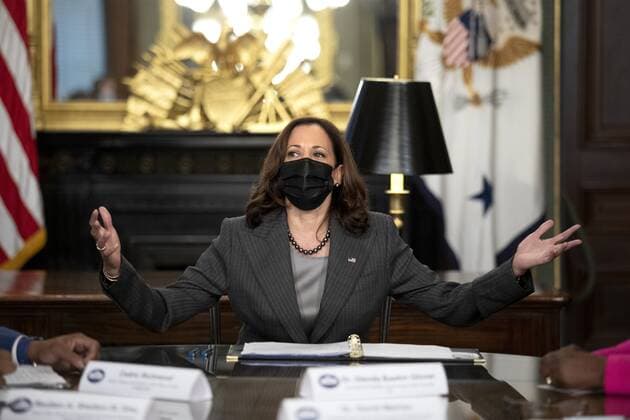U.S. Vice President Kamala Harris speaks during a meeting in the Vice President s Ceremonial Office in Washington, D.C., U.S., on Wednesday, Oct. 6, 2021. Harris is meeting with the Council of Presidents of the National Pan-Hellenic Council, also known as the Divine Nine.  WASP2021100515111 TomxBrenner