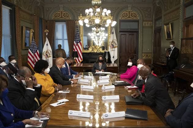 U.S. Vice President Kamala Harris speaks during a meeting in the Vice President s Ceremonial Office in Washington, D.C., U.S., on Wednesday, Oct. 6, 2021. Harris is meeting with the Council of Presidents of the National Pan-Hellenic Council, also known as the Divine Nine.  WASP20211005153 TomxBrenner