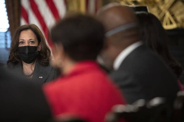 U.S. Vice President Kamala Harris speaks during a meeting in the Vice President s Ceremonial Office in Washington, D.C., U.S., on Wednesday, Oct. 6, 2021. Harris is meeting with the Council of Presidents of the National Pan-Hellenic Council, also known as the Divine Nine.  WASP20211005154 TomxBrenner