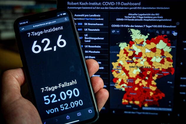 Coronavirus in Germany Covid 19 Dashboard of the Robert Koch Institute 07 10 2021 Robert Koch Institute 7 days Incidence 62.6 7 days Number of cases 52 090 COVID 19 cases 4 283 378 Addition of 11 644 compared to previous day COVID 19 deaths 94 027 Addition of 68 compared to previous day