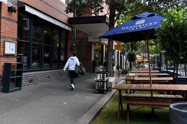 NSW CORONAVIRUS COVID19, Empty outdoor eating areas at cafes and restaurants closed due to COVID-19 restrictions, are seen in the suburb of Surry Hills, Sydney, Friday, October 8, 2021. NSW is just days from enjoying new freedoms and Premier Dominic Perrottet says some parts of the roadmap will be expedited, including changes to mask rules. ( NO ARCHIVING, EDITORIAL USE ONLY, NO USE IN BOOKS WITHOUT CONSENT SYDNEY NSW AUSTRALIA  Copyright: xBIANCAxDExMARCHIx 20211008001584106204