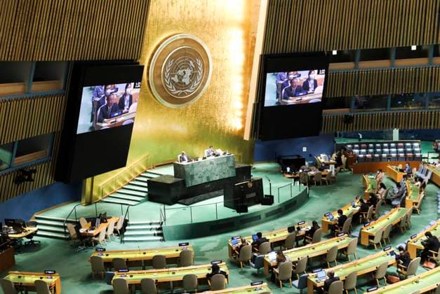 (211008) -- UNITED NATIONS, Oct. 8, 2021 -- The screen shows Zhang Jun, China s permanent representative to the United Nations, speaking at the General Debate of the Third Committee of the 76th session of the UN General Assembly at the UN headquarters in New York, Oct. 7, 2021. Zhang said on Thursday that the best answer to China s human rights situation is found in people s happy life and smiling faces. TO GO WITH Happy life, smiling faces best clues to China s human rights policy: envoy ) UN-CHINESE ENVOY-GENERAL DEBATE-THIRD COMMITTEE-CHINA-HUMAN RIGHTS WangxYing 