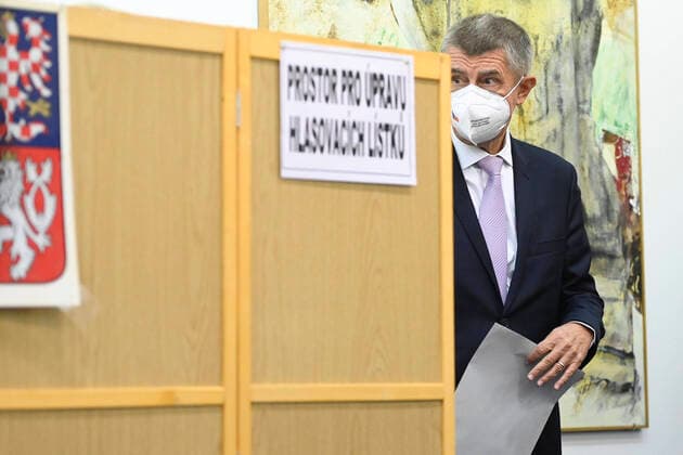 Czech Prime Minister and founding leader of ANO Andrej Babis votes during elections to the Chamber of Deputies of the Parliament of the Czech Republic, in Lovosice, Czech Republic, on October 8, 2021. (CTKxPhoto OndrejxDeml) CTKPhotoP2021100806894 