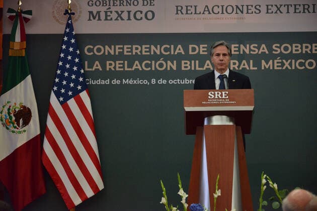 Antony Blinken ˜Bilateral Relationship Mexico-United States™ Press Conference MEXICO CITY, MEXICO - OCTOBER 8, 2021: Secretary of State of the United States Antony Blinken, speaks during the press conference of the ˜Bilateral relationship Mexico-United States™ as part of his working visit to Mexico at Foreign Affairs Secretariat of Mexico. On October 8, 2021 in Mexico City, Mexico. (Photo by Carlos Tischler Eyepix Group) Copyright: xCarlosxTischlerx xEyepixxGroupx EYEPIXGROUP_CT_08102021_16684
