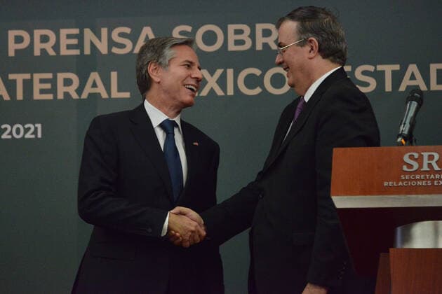 Antony Blinken ˜Bilateral Relationship Mexico-United States™ Press Conference MEXICO CITY, MEXICO - OCTOBER 8, 2021: Secretary of State of the United States Antony Blinken and Mexico™s Foreign Affairs Marcelo Ebrard speak during the press conference of the ˜Bilateral relationship Mexico-United States™ as part of Antony Blinken working visit to Mexico at Foreign Affairs Secretariat of Mexico. On October 8, 2021 in Mexico City, Mexico (Photo by Carlos Tischler Eyepix Group) Copyright: xCarlosxTischlerx xEyepixxGroupx EYEPIXGROUP_CT_08102021_16688