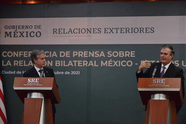 Antony Blinken ˜Bilateral Relationship Mexico-United States™ Press Conference MEXICO CITY, MEXICO - OCTOBER 8, 2021: Secretary of State of the United States Antony Blinken and Mexico™s Foreign Affairs Marcelo Ebrard speak during the press conference of the ˜Bilateral relationship Mexico-United States™ as part of Antony Blinken working visit to Mexico at Foreign Affairs Secretariat of Mexico. On October 8, 2021 in Mexico City, Mexico (Photo by Carlos Tischler Eyepix Group) Copyright: xCarlosxTischlerx xEyepixxGroupx EYEPIXGROUP_CT_08102021_16758