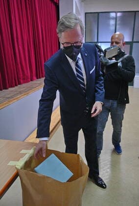 Chairman of the Czech political party ODS Petr Fiala of Spolu (Together) coalition votes during elections to the Chamber of Deputies of the Parliament of the Czech Republic, in Brno, Czech Republic, on October 8, 2021. (CTKxPhoto IgorxZehl) CTKPhotoF202110090438101 
