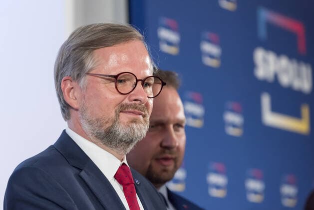 October 9, 2021, Prague, Czech Republic: Leader of the coalition SPOLU and chairman of ODS party Petr Fiala (L) and leader of KDU-CSL party Marian Jurecka are seen after polling stations of Czech parliament election closed. .Winner of the parliament election was coalition SPOLU which consists of 3 parties : ODS, TOP09 and KDU-CSL. Prague Czech Republic - ZUMAs197 20211009_zaa_s197_105 Copyright: xTomasxTkacikx