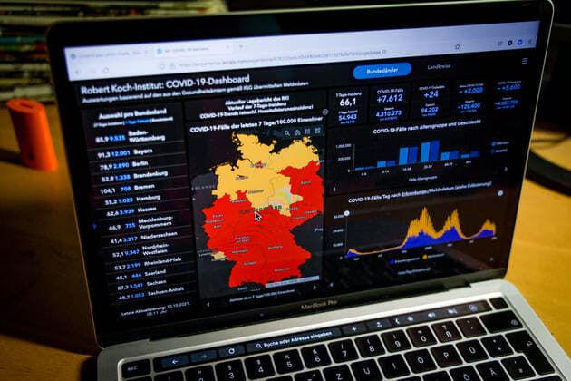 Coronavirus in Germany Covid 19 Dashboard of the Robert Koch Institute 10 10 2021 Robert Koch Institute 7 days Incidence 66.1 7 days Number of cases 54 943 COVID 19 cases 4 310 273 Addition of 7 612 compared to previous day COVID 19 deaths 94 202 Addition of 24 compared to previous day