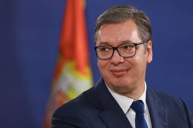Serbia Russia 6669745 10.10.2021 In this handout photo released by the Russian Foreign Ministry, Serbian President Aleksandar Vucic, speaks during a joint news conference with Russian Foreign Minister Sergey Lavrov, following their meeting in Belgrade, Serbia. Editorial use only, no archive, no commercial use. Russian Foreign Ministry Belgrade Serbia  Copyright: xx