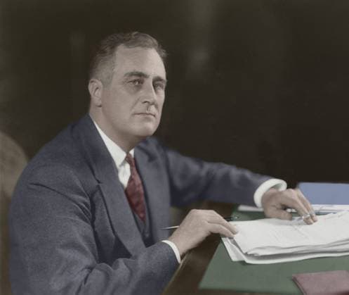 Franklin Roosevelt, 32th President of the United States serving from 1933-1945. Harris & Ewing Studio photograph, ca. 1933. Digital color by Barbara Cushing Schultz, 2020 (BSIC_2020_10_37) PUBLICATIONXNOTxINxCANxCHNxFRAxITAxJPNxNORxPOLxRUSxESPxUKxUSA