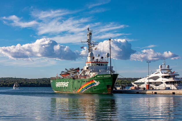 Greenpace s ship Arctic sunrise is anchored in Pula, Croatia on 13. October, 2021.. This former icebreaker has been part of the Greenpeace fleet since 1995. Arctic Sunrise is visiting Croatia for the second time, the first was in 2013. These days, he is visiting Croatian cities to expand the campaign to ban the advertising of the fossil industry and their sponsorships. SreckoxNiketic PIXSELL