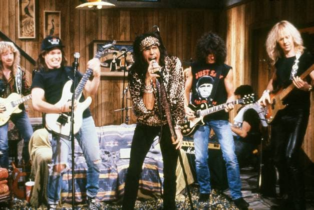 SATURDAY NIGHT LIVE, from left: Brad Whitford, Mike Myers, Steven Tyler, Joe Perry, Tom Hamilton, Waynes s World with Aerosmith , (Season 15, ep. 1513, aired Feb. 17, 1990), 1975-. photo: ?NBC courtesy Everett Collection Ref:TSDSANI NB033 PUBLICATIONXNOTxINxCANxCHNxFRAxITAxJPNxNORxPOLxRUSxESPxUKxUSA Copyright: xx TSDSANI NB033
