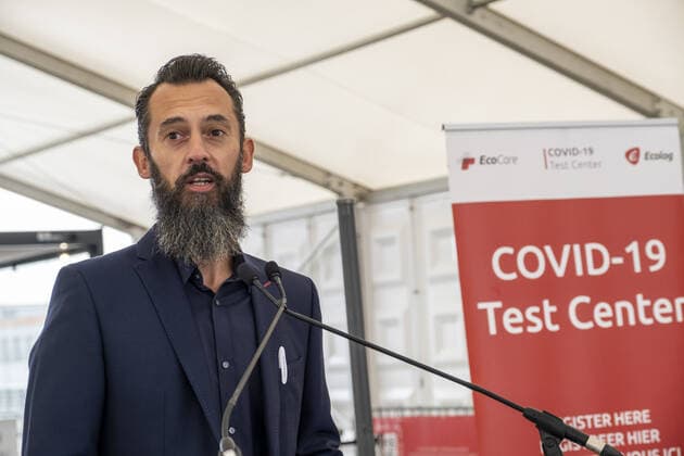 CTO Health Imec Peter Peumans pictured during a press conference on the the launch of an ultra-rapid COVID testing pilot project at Brussels Airport in Zaventem on Thursday 14 October 2021.  HADRIENxDURE 3112904