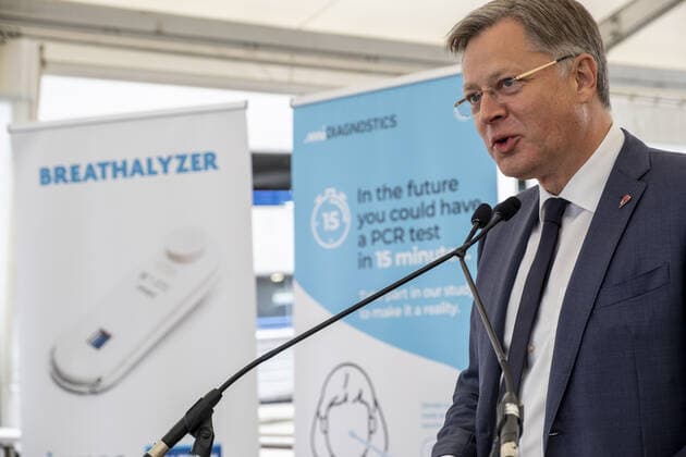 Brussels Airport CEO Arnaud Feist pictured during a press conference on the the launch of an ultra-rapid COVID testing pilot project at Brussels Airport in Zaventem on Thursday 14 October 2021.  HADRIENxDURE 3112913