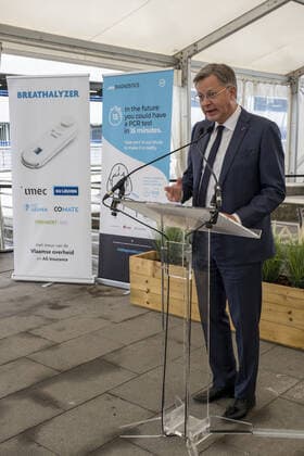 Brussels Airport CEO Arnaud Feist pictured during a press conference on the the launch of an ultra-rapid COVID testing pilot project at Brussels Airport in Zaventem on Thursday 14 October 2021.  HADRIENxDURE 3112914