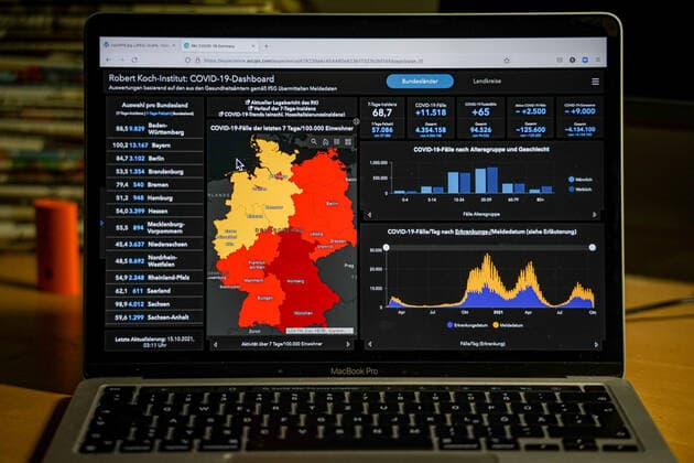 Coronavirus in Germany Covid 19 Dashboard of the Robert Koch Institute 15 10 2021 Robert Koch Institute 7 days Incidence 68.7 7 days Number of cases 57 086 COVID 19 cases 4 354 158 Addition of 11 518 compared to the previous day COVID 19 deaths 94 526 Addition of 65 compared to the previous day