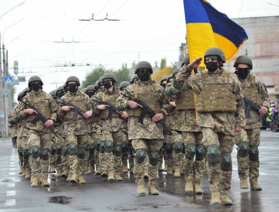 SIEVIERODONETSK, UKRAINE - OCTOBER 14, 2021 - Servicemen march during the first military parade on the Defenders and Defenderesses of Ukraine Day and on the occasion the 30th anniversary of the AFU, Sievierodonetsk, Luhansk Region, eastern Ukraine First military parade on Defenders and Defenderesses of Ukraine Day held in Sievierodonetsk  Copyright: xOleksiixKivaliovx