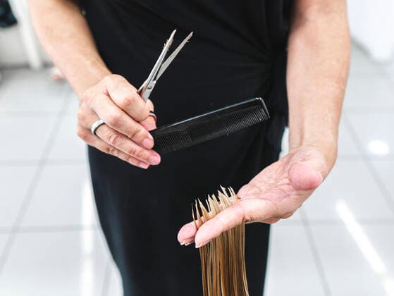 Crop unrecognizable hairdresser using scissors to cut fair hair of client in beauty salon, Model released AlbertMorcillo_Hairdressing_68.jpg Copyright: xAlbertxMorcillox MR