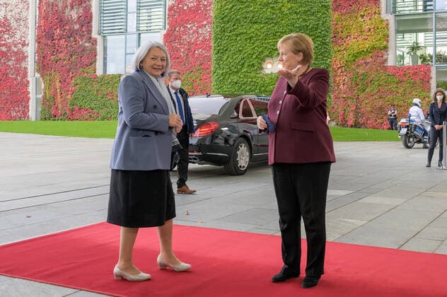 Berlin GER, Berlin, 18 10 21, Mary May Simon with German Chancellor Angela Merkel Picture appointment at the welcoming of Governor General of Canada Mary May Simon by BKin Dr Angela Merkel, 18 10 2021, Copyright: xEibner-Pressefotox EP_EER