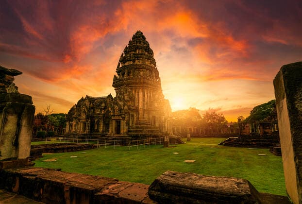 Selective focus on Phimai Historical Park with sunset sky. Landmark of Nakhon Ratchasima, Thailand. Travel destinations. Historic site is ancient. Ancient building. Khmer temple classical architecture Copyright: xx 36616900
