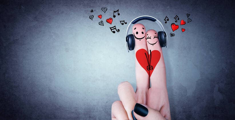 Happy finger couple in love with headphone. 3d illustration. Concept of human emotions, love, relations and romantic holidays. 3d illustration. Copyright: xx 39029940