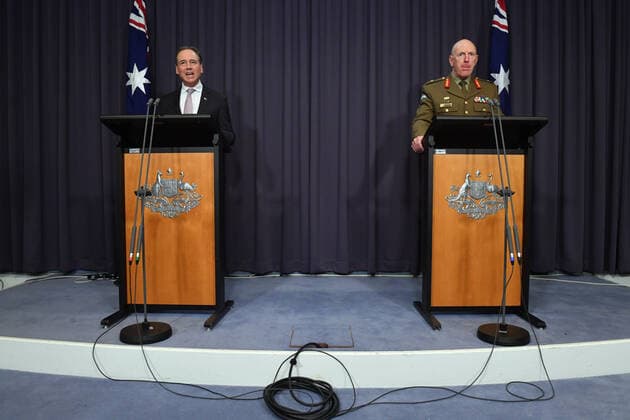 GREG HUNT PRESSER, Minister for Health Greg Hunt and COVID-19 Taskforce Commander, Lieutenant General John Frewen at a press conference at Parliament House in Canberra, Sunday, October 24, 2021. ( NO ARCHIVING, EDITORIAL USE ONLY, NO USE IN BOOKS WITHOUT CONSENT CANBERRA ACT AUSTRALIA  Copyright: xMICKxTSIKASx 20211024001588921872