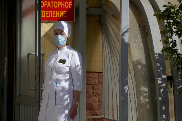 DUSHANBE, TAJIKISTAN - OCTOBER 24, 2021: A medical worker is seen in a laboratory of the 201st Russian military base. Peter Kovalev TASS  TS115798