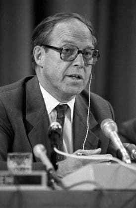 IAEA Secretary General in USSR 6676418 05.05.1986 News conference with heads of the International Atomic Energy Agency (IAEA) for Soviet and foreign journalists on issues related to the accident at the Chernobyl Nuclear Power Plant on April 26, 1986. IAEA Director General Hans Blix answers journalists questions at the press center of the USSR Ministry of Foreign Affairs. Sergey Guneev Russia  Copyright: xSergeyxGuneevx