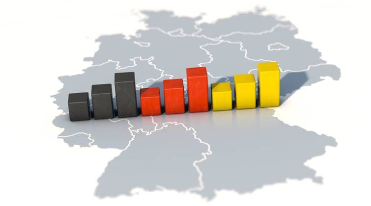 Deutschlandtrend - Balkendiagramm in Schwarz Rot Gold Symbolbild zum Thema Entwicklung in Deutschland. *** Germany trend bar chart in black red gold symbol image on the subject of development in Germany