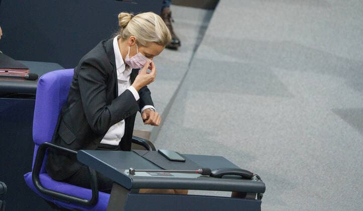 Plenary Session of the German Bundestag 20 German Bundestag in Berlin Constituent Session Alice Weidel immediately after announcing the rejection of the AfD candidate for election as Deputy Bundestag President Plenary Session of the German B