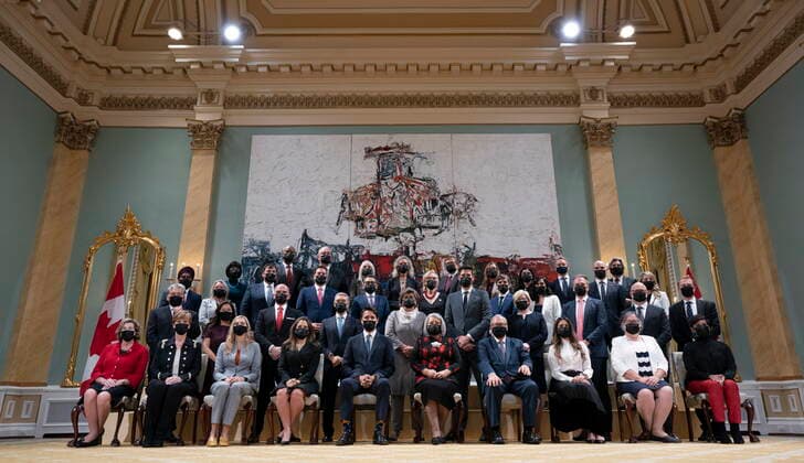 October 26, 2021, Ottawa, ON, Canada: Gov. Gen. Mary May Simon sits with Canadian Prime Minister Justin Trudeau and members of the newly announced cabinet following a swearing in ceremony at Rideau Hall, Tuesday, October 26, 2021 in Ottawa. Ottawa Canada  - ZUMAc35_ 20211026_zaf_c35_155 Copyright: xAdrianxWyldx