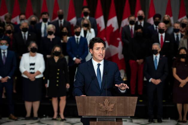 October 26, 2021, Ottawa, ON, CAN: Prime Minister Justin Trudeau speaks at a news conference after the federal cabinet was sworn in, in Ottawa, on Tuesday, Oct. 26, 2021. Ottawa CAN  - ZUMAc35_ 20211026_zaf_c35_217 Copyright: xJustinxTangx