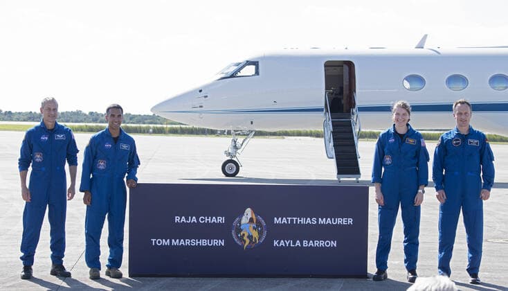 NASA Astronauts Tom Marshburn, Raja Chari and Kayla Barron and ESA Astronaut Matthias Maurer (l to r) pose for the media after arrive at the Kennedy Space Center, Florida on Tuesday, October 26, 2021. The crew is scheduled for launch to the International Space Station on Oct 31.  KSP20211026023 JOExMARINO