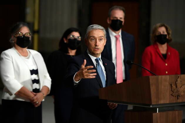 October 26, 2021, Ottawa, ON, CAN: Minister of Innovation, Science and Industry Francois-Philippe Champagne speaks at a news conference after the federal cabinet was sworn in, in Ottawa, on Tuesday, Oct. 26, 2021. Ottawa CAN  - ZUMAc35_ 20211026_zaf_c35_315 Copyright: xJustinxTangx