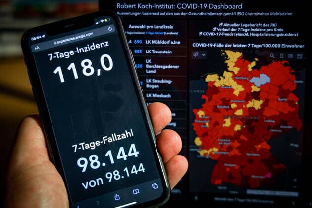 Coronavirus in Germany Covid 19 Dashboard of the Robert Koch Institute 27 10 2021 Robert Koch Institute 7 days Incidence 118.0 7 days Number of cases 98 144 COVID 19 cases 4 506 415 Addition of 23 212 compared to the previous day COVID 19 deaths 95 359 Addition of 114 compared to the previous day