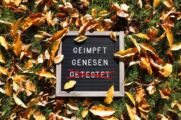 PHOTOMONTAGE, sign with inscription vaccinated and recovered in autumn leaves, symbol photo 2G rule ** NUR FUER REDAKTIONELLE ZWECKE ** EDITORIAL USE ONLY **