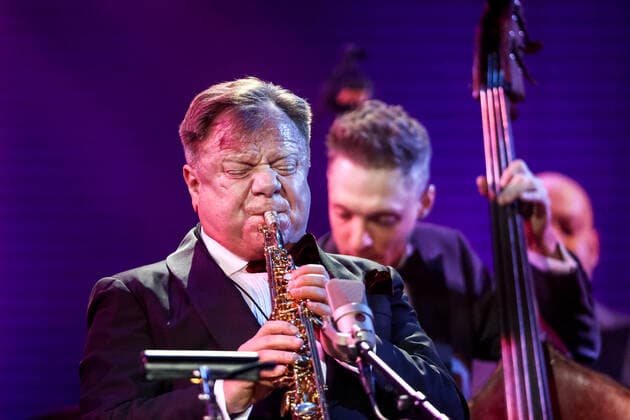 MOSCOW, RUSSIA - OCTOBER 27, 2021: A musician of the Jazz at Lincoln Center Orchestra and Russian jazz saxophonist Igor Butman (L) perform during a gala concert marking Butmanâ€™s 60th birthday at the State Kremlin Palace. The concert is held in the COVID-free format. Valery Sharifulin TASS  TS115F35