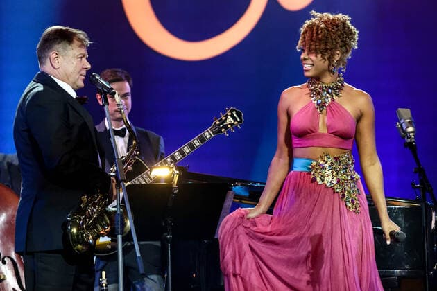 MOSCOW, RUSSIA - OCTOBER 27, 2021: Russian jazz saxophonist Igor Butman (L) and singer Fantine perform during a gala concert marking Butmanâ€™s 60th birthday at the State Kremlin Palace. The concert is held in the COVID-free format. Valery Sharifulin TASS  TS115F6C
