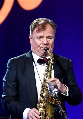 MOSCOW, RUSSIA - OCTOBER 27, 2021: Russian jazz saxophonist Igor Butman performs during a gala concert marking his 60th birthday at the State Kremlin Palace. The concert is held in the COVID-free format. Valery Sharifulin TASS  TS115F9D